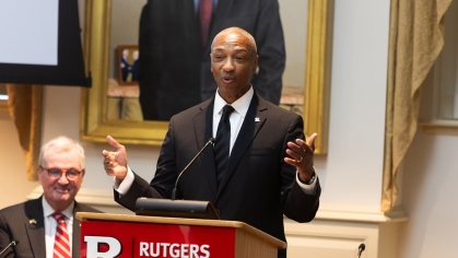 New Jersey governor Phil Murphy, left, and Rutgers president William F. Tate IV, right, at Rutgers university Winants Hall on Monday, May 19, 2025.