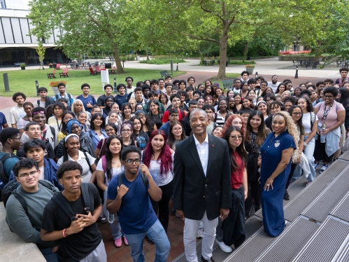 President William F. Tate IV and EOF students during his visit on the Rutgers Newark campus.